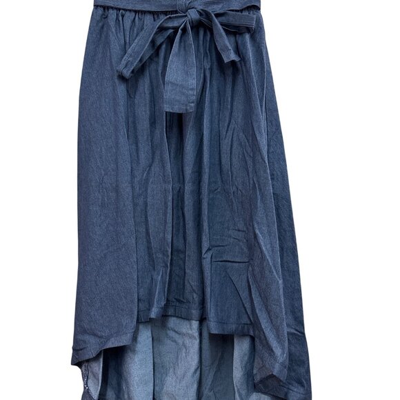 High-Low Denim Blue Maxi Skirt With Elastic Waistband & Tie Belt - Picture 2 of 7